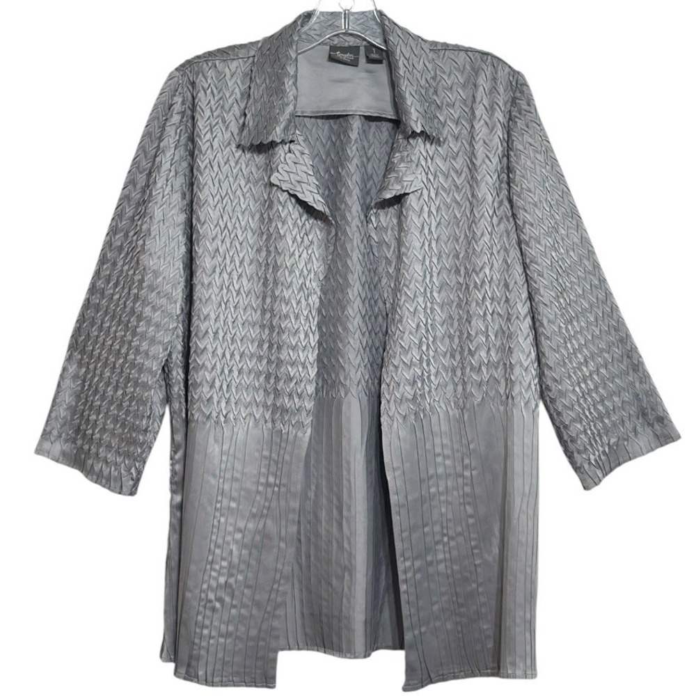 Chico's Travelers Jacket Women Silver Gray Textured Pleated Open Front Elegant 1